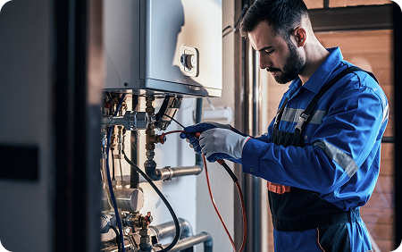 Technicien réalisant les branchements pour une chaudière à gaz