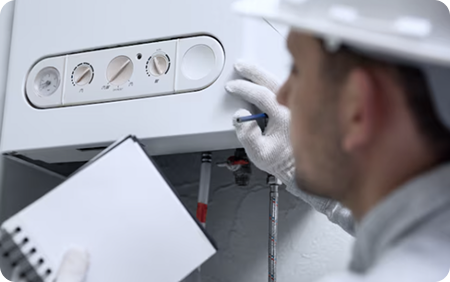 Technicien réalisant l'entretien d'une chaudière à gaz